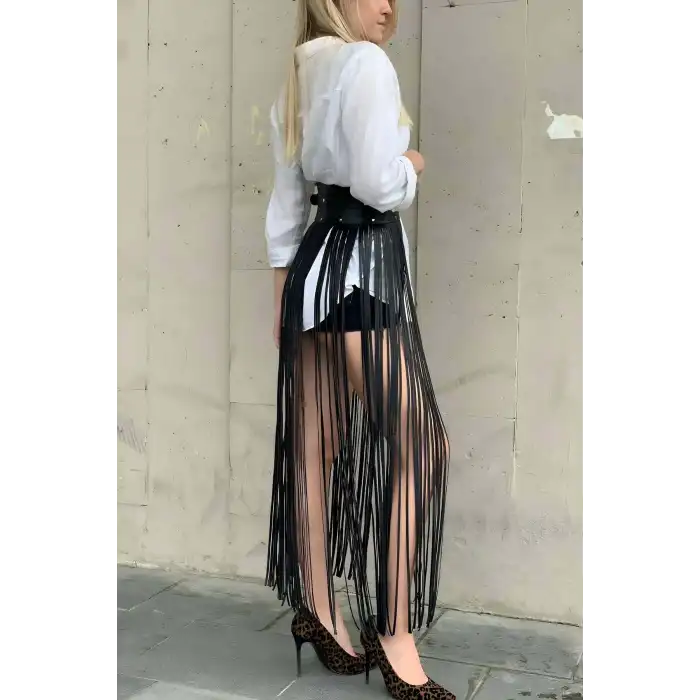 Yüksek Bel Şık Deri Püsküllü Seksi Etek - APFT1003