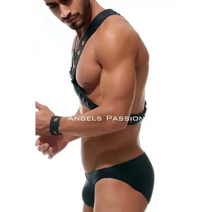 Yuvarlak Detaylı X Harness - Şık Erkek Göğüs Harness, Deri Harness - APFTM221