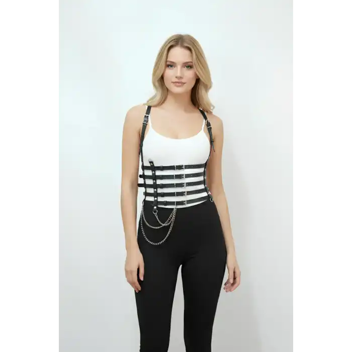 Zincir Detaylı 5 Sıralı Deri Kemer, Deri Korse Kemer - APFT626