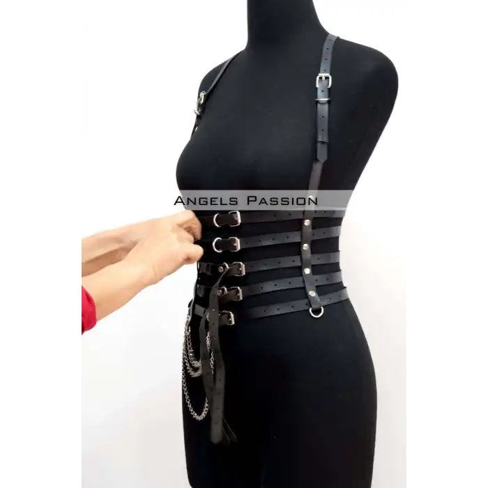 Zincir Detaylı 5 Sıralı Deri Kemer, Deri Korse Kemer - APFT626