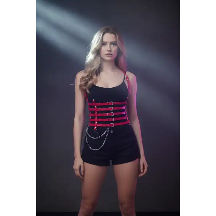 Zincir Detaylı 5 Sıralı Kırmızı Deri Kemer, Deri Korse Kemer - APFT626