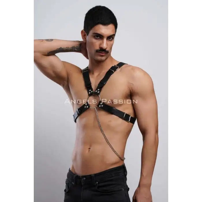 Zincir Detaylı Deri Erkek Göğüs Harness, Partywear, Clubwear - APFTM95