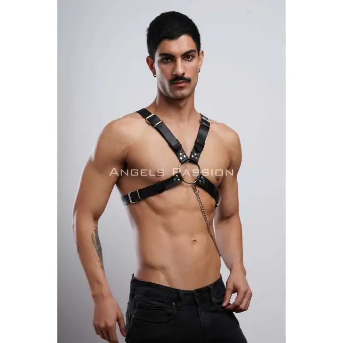 Zincir Detaylı Deri Erkek Göğüs Harness, Partywear, Clubwear - APFTM95