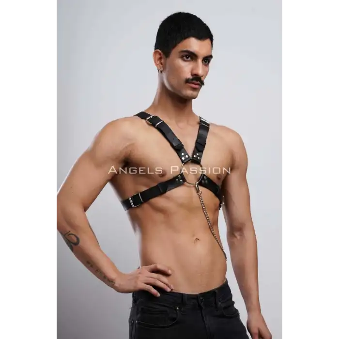 Zincir Detaylı Deri Erkek Göğüs Harness, Partywear, Clubwear - APFTM95