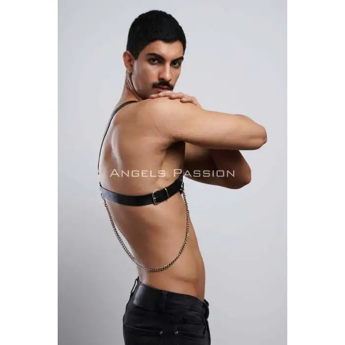 Zincir Detaylı Deri Erkek Göğüs Harness, Partywear, Clubwear - APFTM95