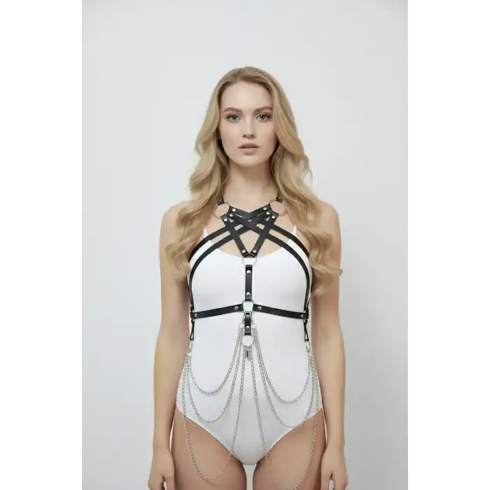 Zincir Detaylı Deri Göğüs Harness, Deri Fantezi Giyim, Elbise Aksesuar - APFT11
