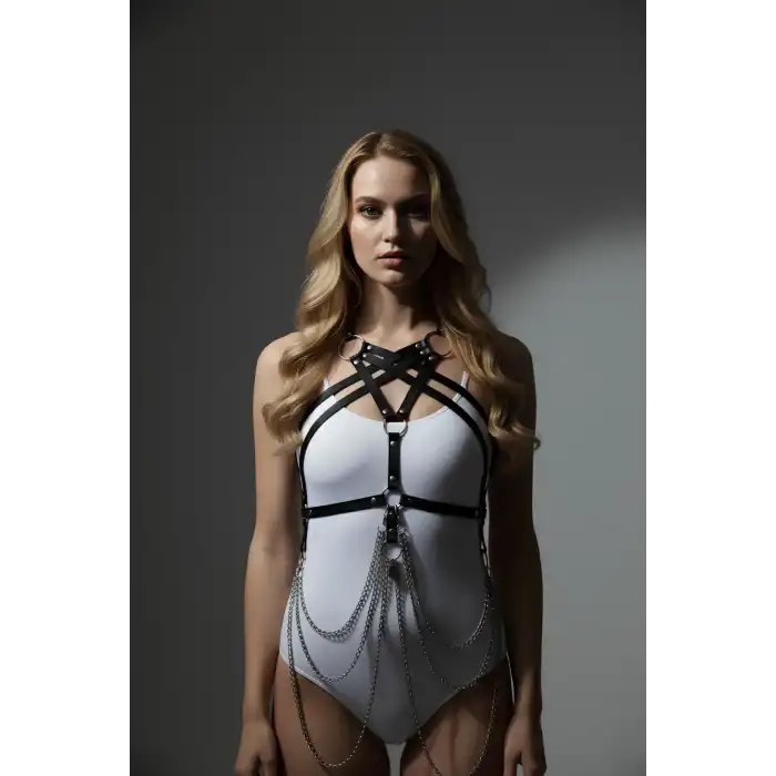 Zincir Detaylı Deri Göğüs Harness, Deri Fantezi Giyim, Elbise Aksesuar - APFT11
