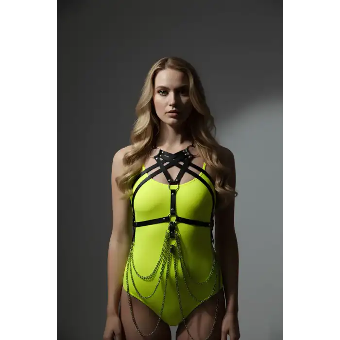 Zincir Detaylı Deri Göğüs Harness, Deri Fantezi Giyim, Elbise Aksesuar - APFT11