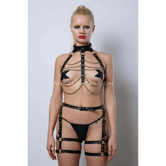 Zincir Detaylı Deri Jartiyer Harness Takım, Deri Zincirli Fantezi Takım - APFT1262