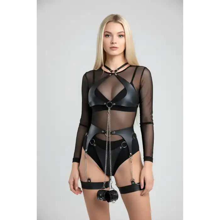 Zincir Detaylı Şık Deri Jartiyer Takım, Şık Fantezi Takım, Deri İç Giyim - APFT1219