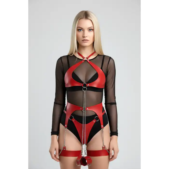 Zincir Detaylı Şık Deri Jartiyer Takım, Şık Fantezi Takım, Deri İç Giyim - APFT1219