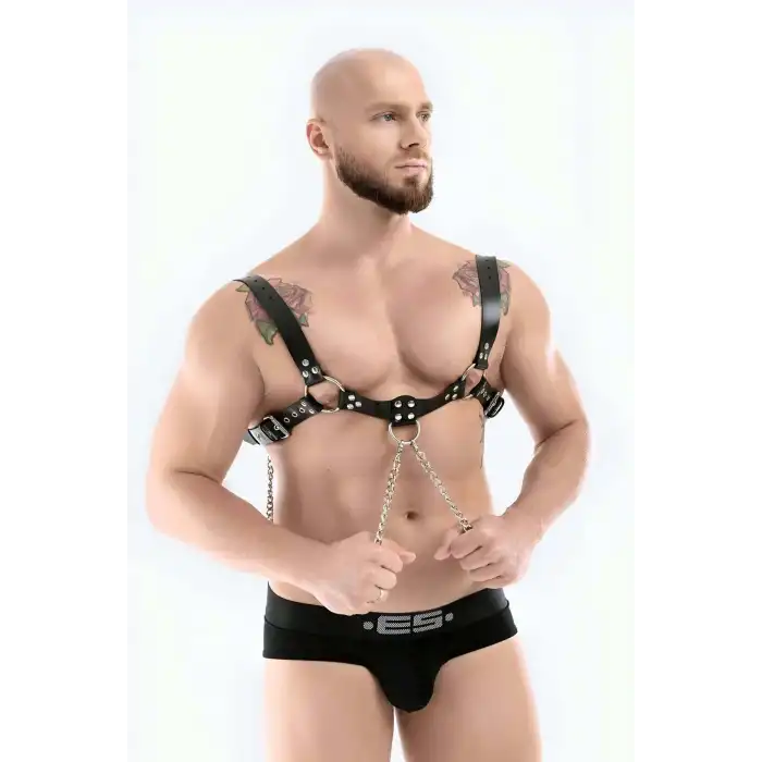 Zincir Detaylı Şık Erkek Deri Bulldog Göğüs Harness - APFTM109