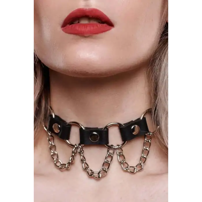 Zincir Ve Halka Detaylı Deri Choker Tasma Boyunluk Aksesuar - APFT662