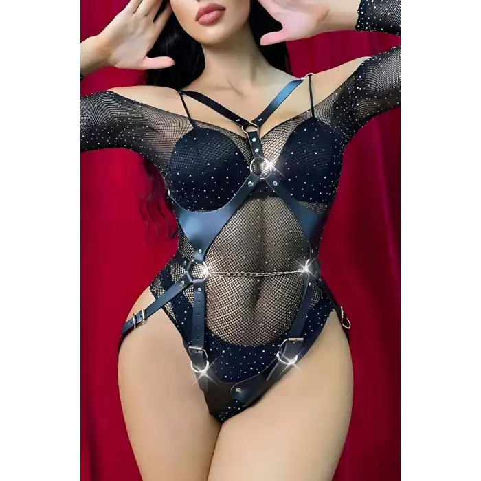 Zincirli Ağı Açık Fantazi Deri Body Harness - APFT1170