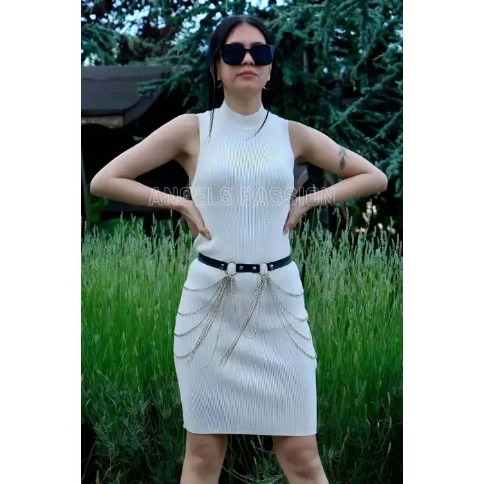 Zincirli Ayarlanabilir Şık Deri Kemer, Zincirli Elbise Kemeri - APFT729