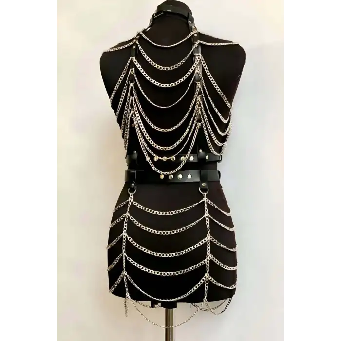 Zincirli Crop ve Etek Harness Alt Üst Takım, Festival Sahne Giysileri - APFT1006