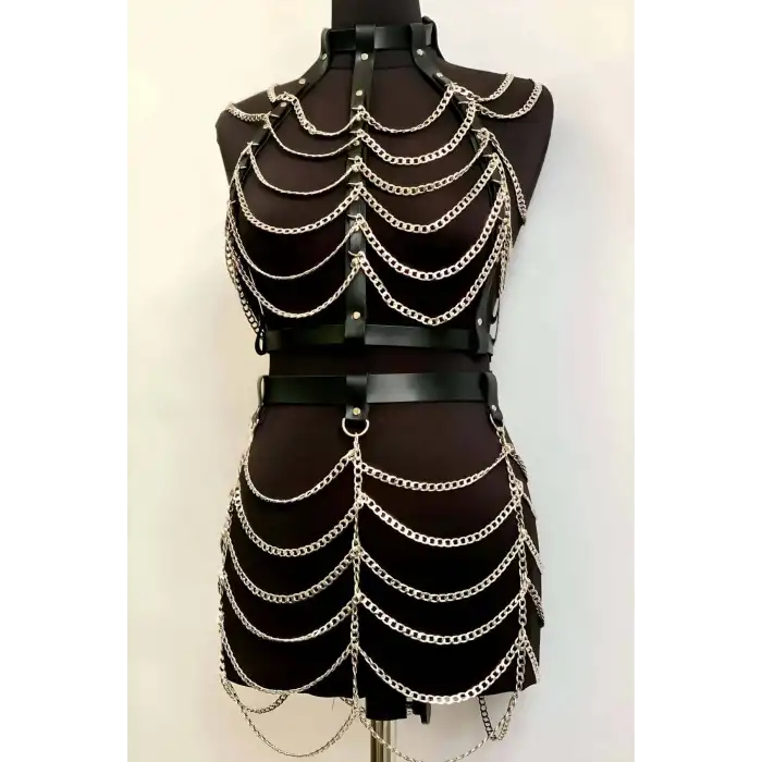 Zincirli Crop ve Etek Harness Alt Üst Takım, Festival Sahne Giysileri - APFT1006