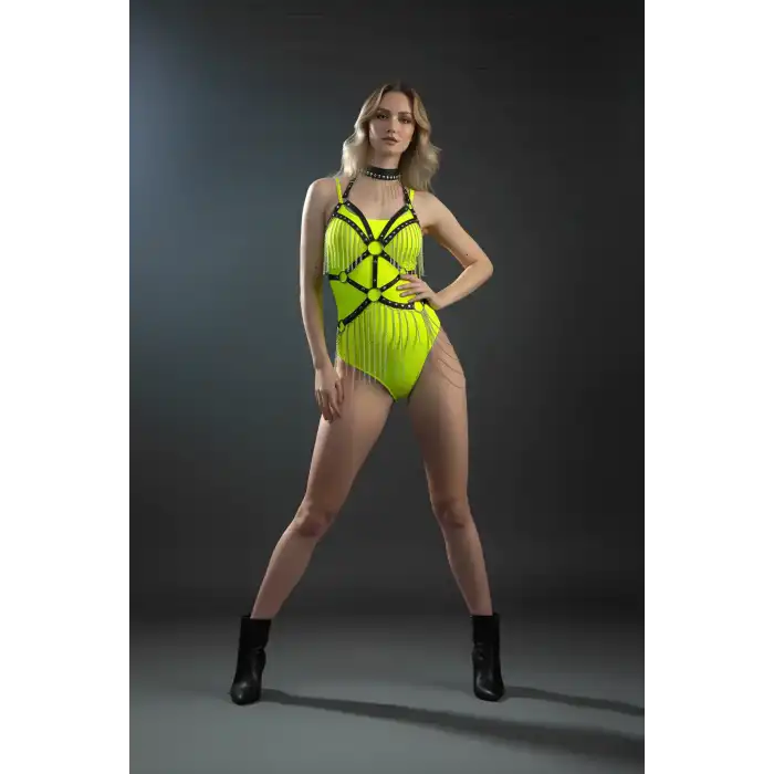 Zincirli Deri Harness, Deri Dansçı Kostüm, Choker Detaylı Deri Harness - APFT1397