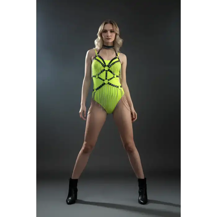 Zincirli Deri Harness, Deri Dansçı Kostüm, Choker Detaylı Deri Harness - APFT1397