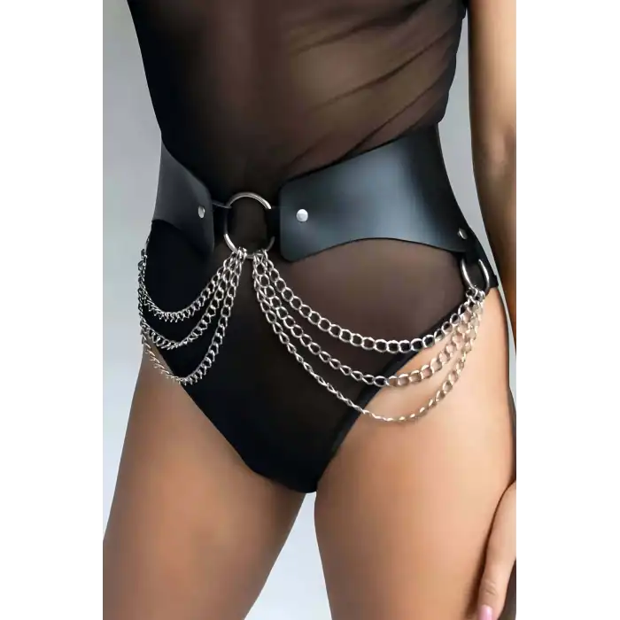 Zincirli Deri Kemer, Tarz Bel Kemeri, Zincir Detaylı Elbise Kemeri - APFT988