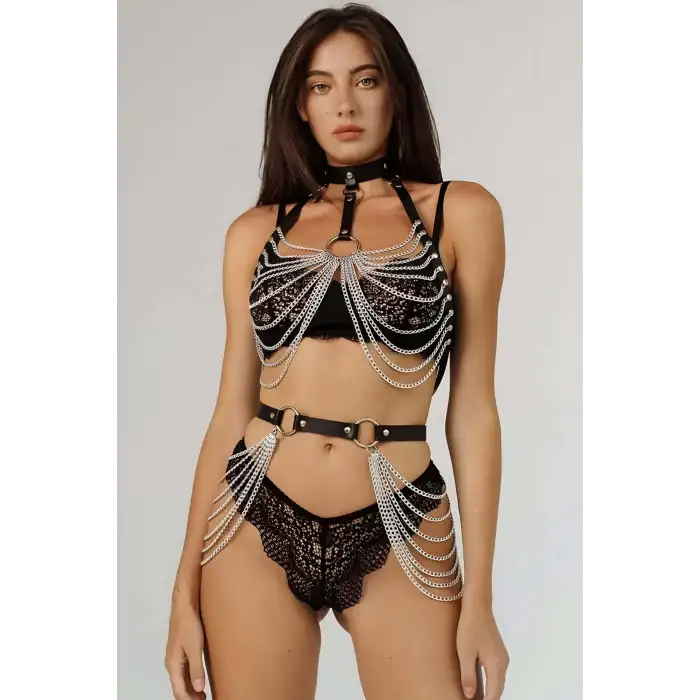 Zincirli Göğüs Ve Bel Detaylı Boyun Ve Arkadan Bağlamalı Harness - APFT701