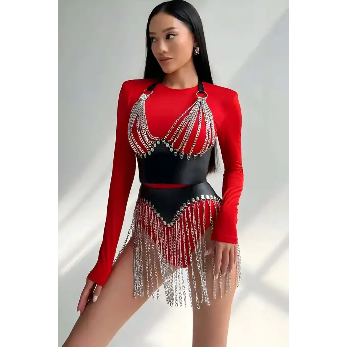 Zincirli Şık Deri Etek ve Büstiyer Takım - APFT994