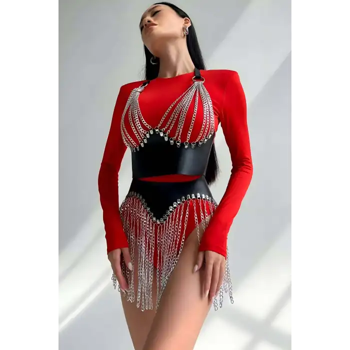 Zincirli Şık Deri Etek ve Büstiyer Takım - APFT994