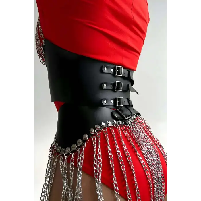 Zincirli Şık Deri Etek ve Büstiyer Takım - APFT994