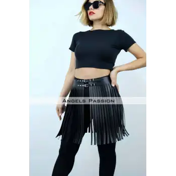 47 cm Şık Püsküllü Deri Etek, Şort Üzeri Püsküllü Etek, Püsküllü Şık Mini Etek - APFT1401