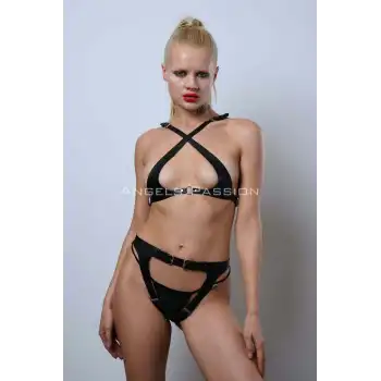 Ağı Açık Deri Külot Fantezi Giyim, Şık Deri İç Giyim Takım - APFT1130