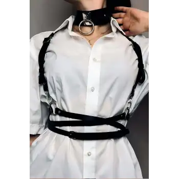 Belden Ayarlı Bağlamalı Deri Korse Kemer Ve Choker Tasma Takım - APFT644