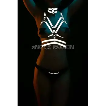 Beyaz Reflektörlü Erotik Giyim Göğüs Üzeri Harness - APFT296