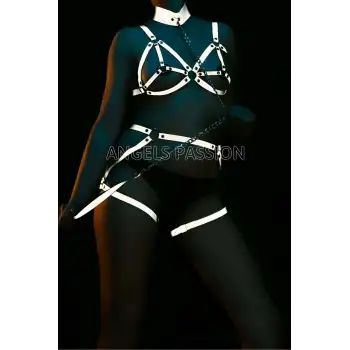 Beyaz Reflektörlü Tasmalı Seksi Harness Takım - APFT311