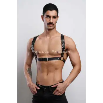 D Halka Detaylı Şık Erkek Göğüs Harness, Erkek Deri T-Shirt Aksesuar - APFTM92