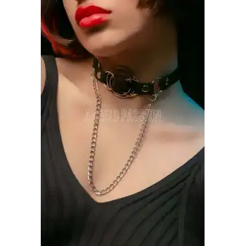 Deri Choker, Deri Tasma, Zincirli Deri Kolye, Halkalı Deri Kolye - APFT588