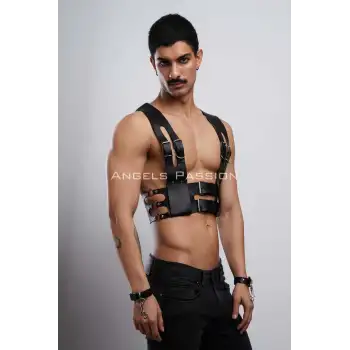 Deri Erkek Club Giyim, Fantezi Erkek Giyim, Deri Kelepçeli Erkek Harness - APFTM118