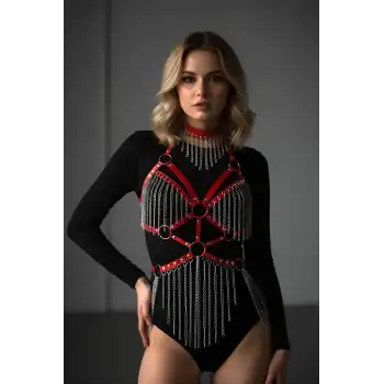 Deri ve Zincir Detaylı Harness Takım, Deri Dansçı Kostüm, Choker Detaylı Deri Harness - APFT1397