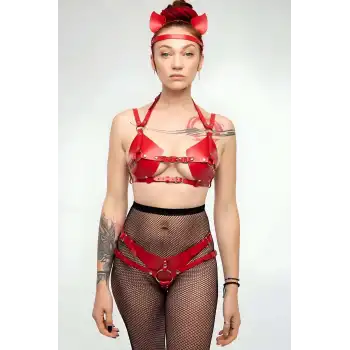 Fantazi Deri Sütyen Ve Külot Takım, Kulaklık Detaylı Harness - APFT871