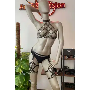 Fantazi Giyim Siyah Deri Jartiyer Takım - APFT460