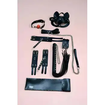 Fantazi Kırbaç Kelepçe Set, 6lı Set, Ayak - El Kelepçesi, Maske, Ağız Topu - APFT1308