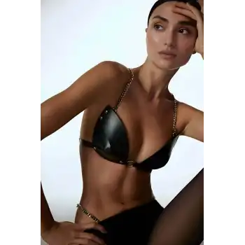 Fantazi Zincirli G-String Sütyen Külot Takımı Deri Harness - APFT1227