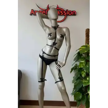 Fiyonk Detaylı Deri Jartiyer Harness İç Giyim