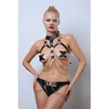 Göğsü Ve Ağı Açık Kelepçeli Fantazi Külot Harness Takım - APFT1067