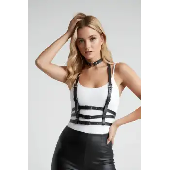 Gömlek ve T-Shirt Üzeri 3 Sıralı Şık Deri Kemer ve Choker - APFT615