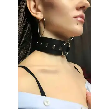 Halka Detaylı Ayarlı Geniş Şerit Şık Deri Choker Boyun Aksesuar - APFT671