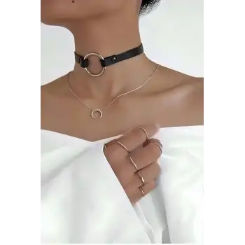 Halka Detaylı Şık Deri Choker - APFT35