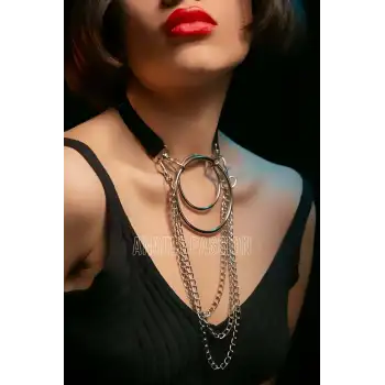 Harness Kolye, Şık Lastik Choker Harness, Halka Detaylı Tasma - APFT592