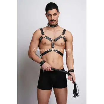 Kırbaç ve Çivili Choker Detaylı Erkek Fantazi Giyim, Deri Erkek Harness Takım - APFTM102