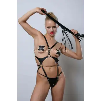 Kırbaçlı ve Ağ Bölgesi Açık Deri Body Harness, Deri Fantezi Giyim, Clubwear - APFT1355