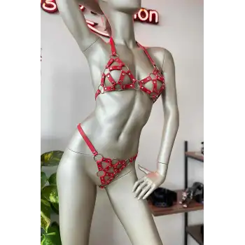 Kırmızı Deri Sütyen Takım Deri İç Giyim